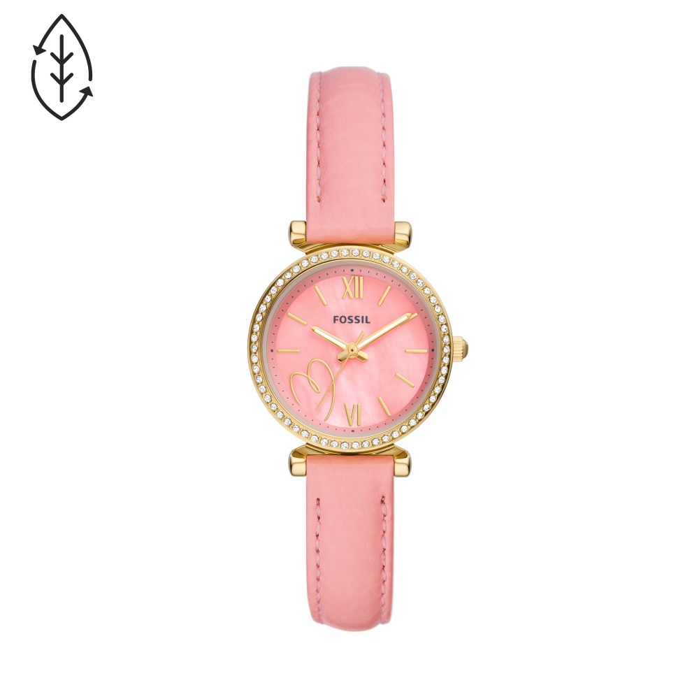 FOSSIL Carlie甜美輕奢愛心粉色皮帶腕錶28mm/ES5177