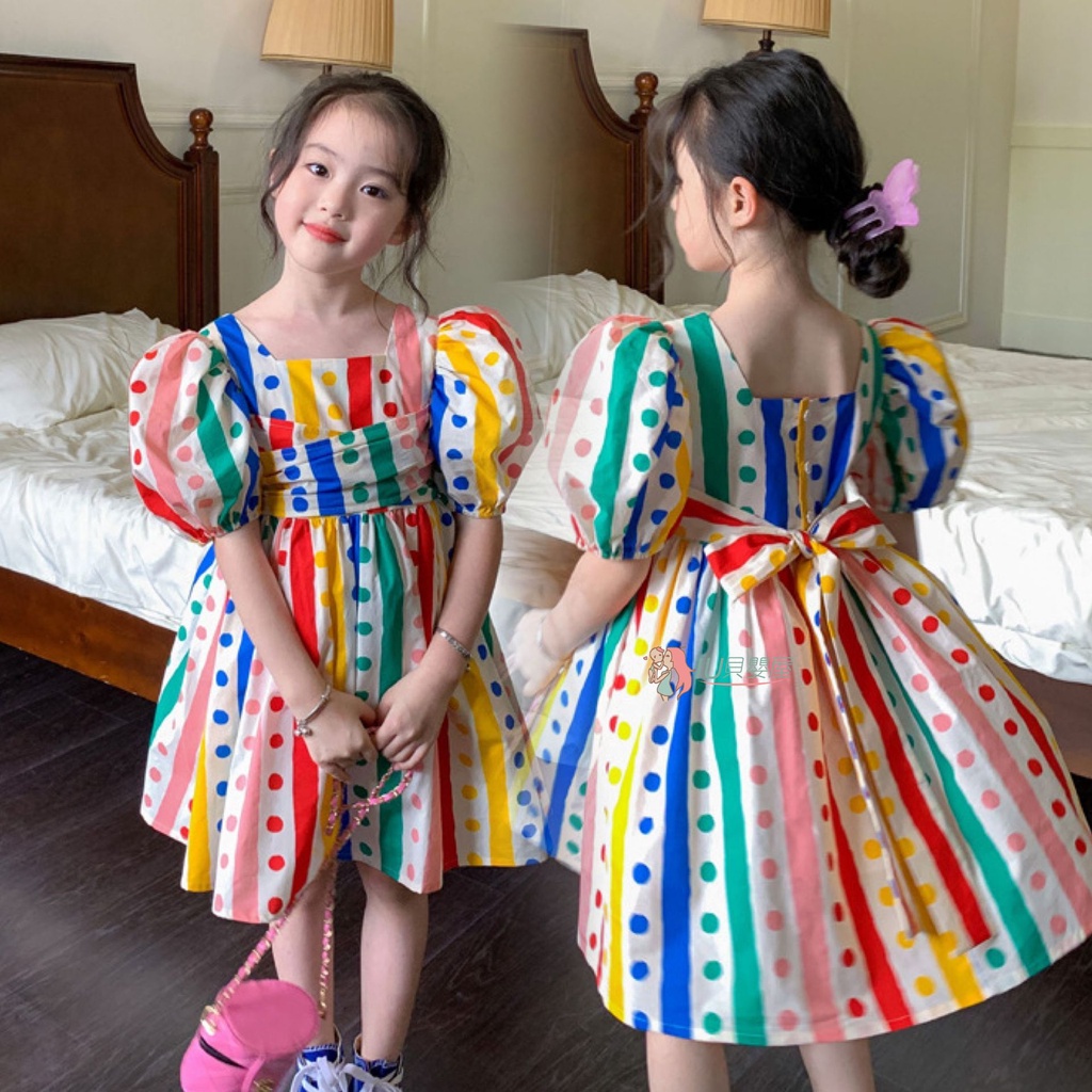 女童波點彩虹洋裝 夏季新款 韓版兒童甜美泡泡袖公主裙 女孩洋氣裙子【IU貝嬰屋】