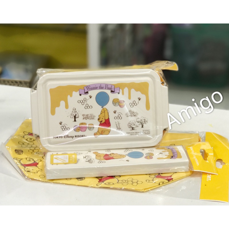 《Amigo》東京迪士尼樂園 維尼 維尼熊 小熊維尼 POOH 便當盒 餐盒 束口袋 便當袋 餐具 環保餐具 湯匙 筷子