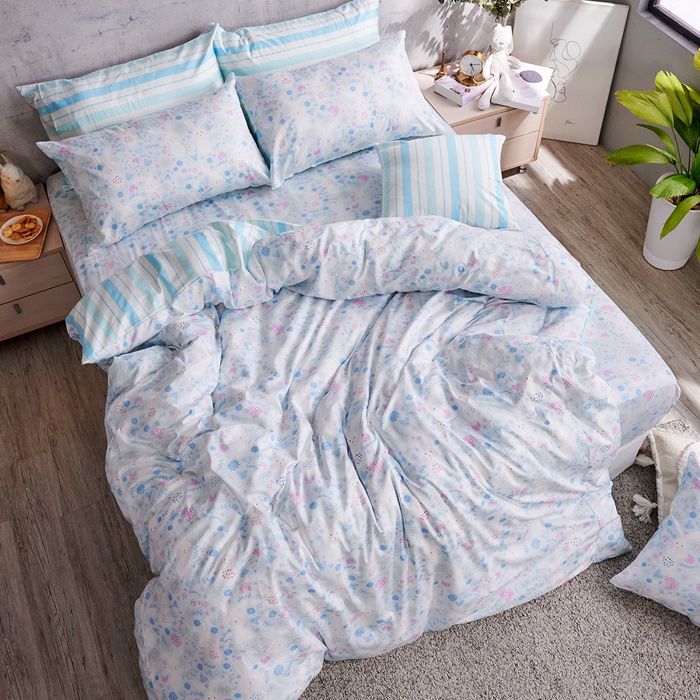 戀家小舖 台灣製床包 單人床包 床單 花間小兔藍 100%精梳棉 床包枕套組 60支精梳棉