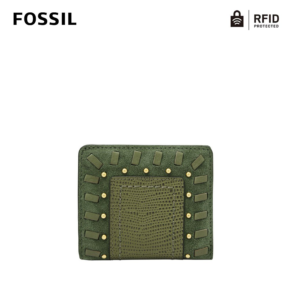 【FOSSIL】Logan 鉚釘鱷魚紋麂皮拼接RFID防盜短夾-綠色 SL6364355