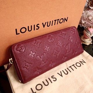 法國專櫃名牌LV Louis Vuitton酒紅紫紅色全皮革小牛皮荔枝紋經典原花壓紋Clemenceㄇ型拉鍊窄版長夾皮夾