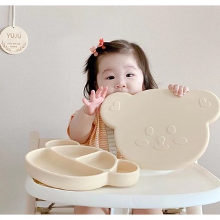 【Peanut】韓系 小熊系列 吸盤式 寶寶餐盤 嬰兒矽膠餐具 分格盤 輔食碗 兒童餐具