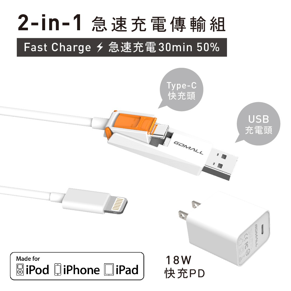 【GDMALL】蘋果傳輸快充組(Gdmall 蘋果認證快速充電組 Type C /USB 二合一)-亮橘色