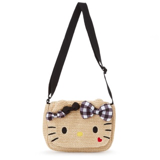 【PINK】Hello Kitty 藤編風黑白格紋蝴蝶結造型斜背包/側背包