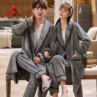 🔥Wusteg🔥臺灣熱銷♥️睡袍睡裙居家服 睡袍男女秋冬季加厚長款珊瑚絨情侶睡衣加絨保暖法蘭絨浴袍套裝冬