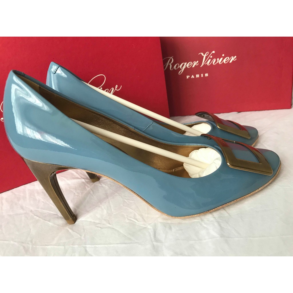 ⭐️英倫小闆娘⭐️ROGER VIVIER 藍色漆皮 古銅金框/跟 85mm 高跟鞋 38.5 ~全新英國現貨+預購