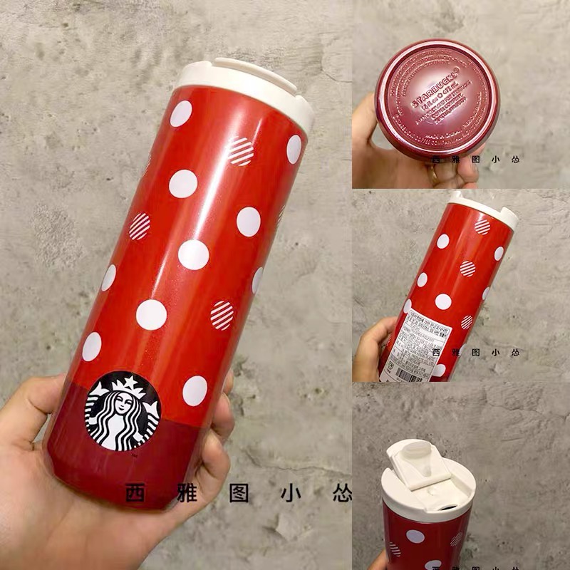 Starbucks官方正品！星巴克杯子韓國聖誕禮物紅色波點保溫杯可愛點點不銹鋼隨行杯果汁珍奶茶奶昔茶水咖啡杯473m l