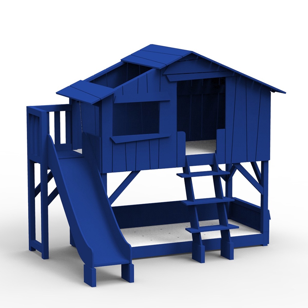 【hoi! 】 比利時 Mathy by Bols 樹屋雙層兒童床附滑梯及平台 90x190-馬賽藍/含安裝運送