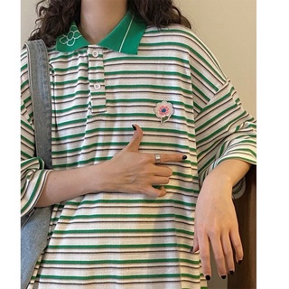夏季日系復古撞色花朵刺繡條紋翻領POLO衫短袖女ins寬鬆T恤潮