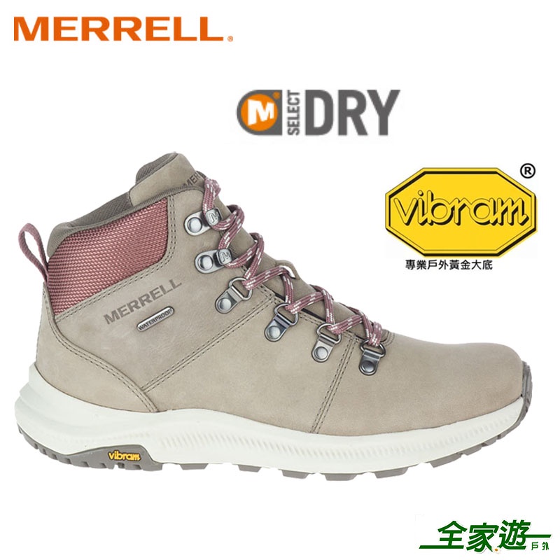 【MERRELL 美國】女 ONTARIO 2 MID WATERPROOF 中筒健行鞋 原石/霧粉 ML036502