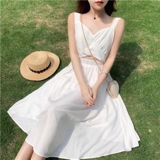 純白V領氣質修身性感簍空洋裝連身裙