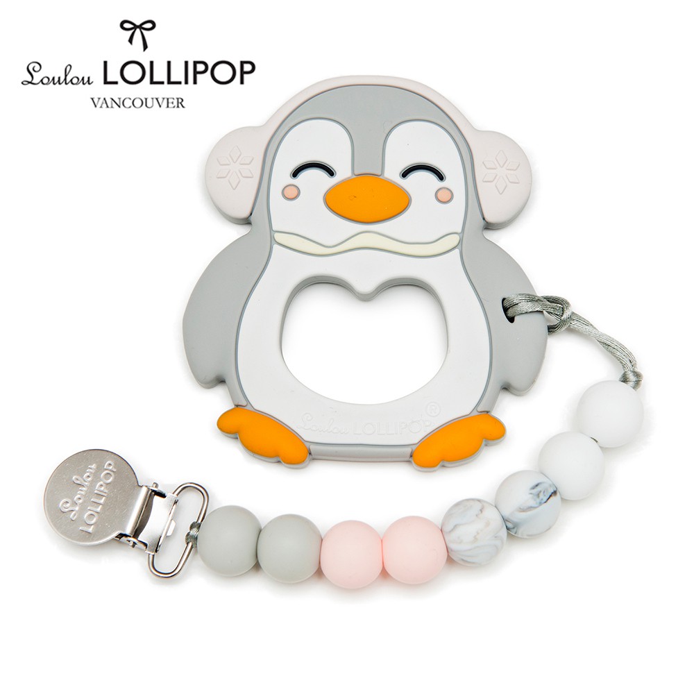 Loulou lollipop  胖胖企鵝造型固齒器組/奶嘴鍊夾-大理石粉