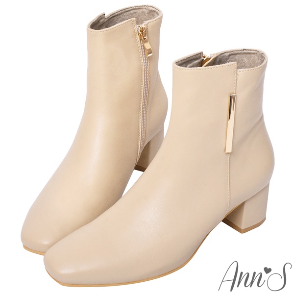 Ann’S可以穿很久-直條金屬全真皮小羊皮粗跟短靴5cm-杏