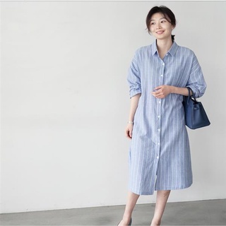 法式洋裝 赫本風洋裝 亞麻洋裝 條紋襯衫女韓版寬松中長款過膝長袖連身裙百搭休閑薄外套NE329-1901. 衣時尚