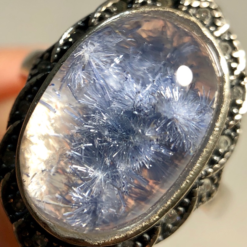 天然水晶 藍線石 藍髮晶 復古造型純銀蛋面戒指