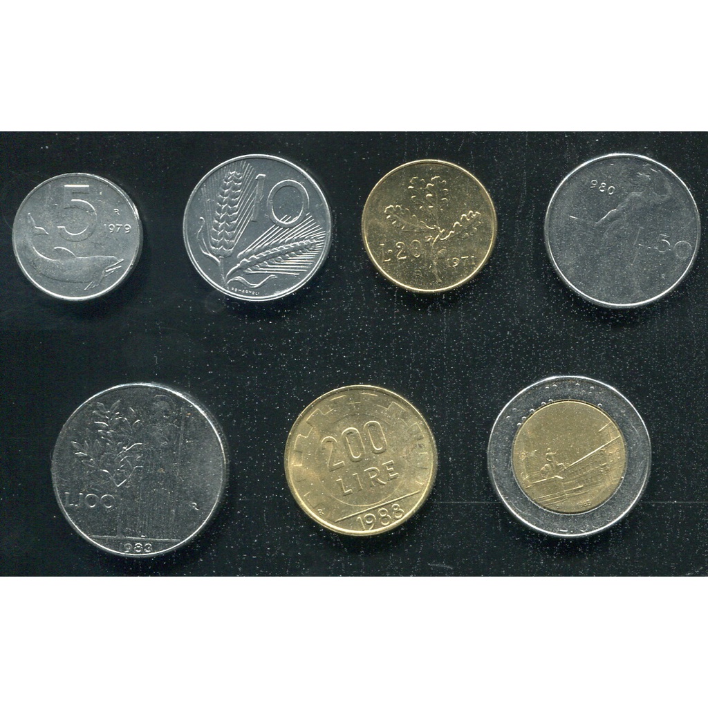 【錢幣】ITALY(義大利)， 老版硬幣7枚一套 ,5里拉-500里拉(雙色幣)，品相95新-全新
