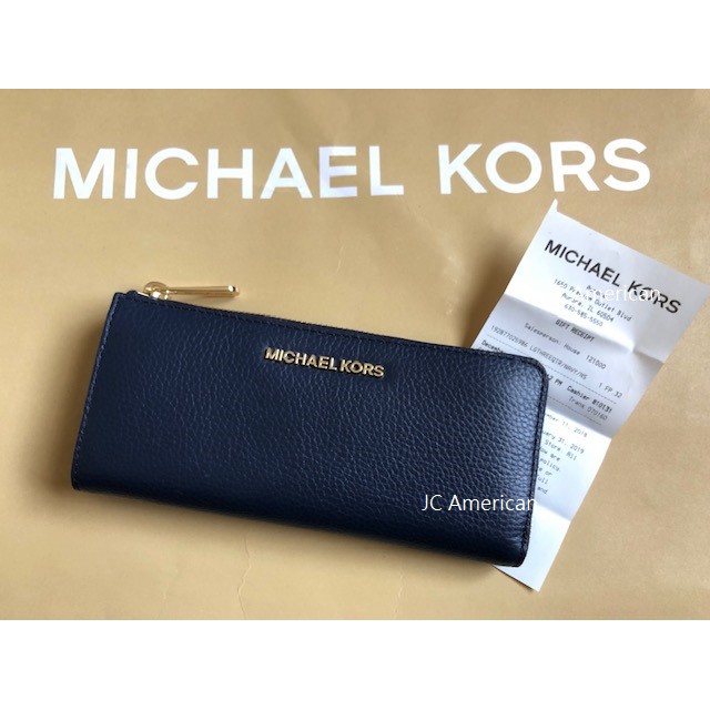 【美國JC】Michael Kors MK logo 深藍色 (金字) 素面 真皮皮革 L型 拉鍊 長夾 ~現貨在台