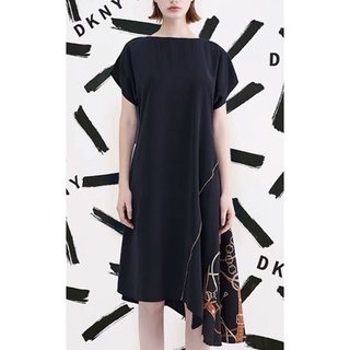 DKNY夏季新款黑色拼接鏈條印花不規則垂感寬鬆中長洋裝