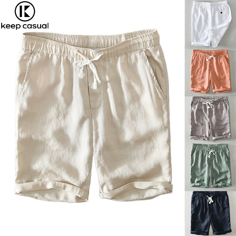 『Keep Casual』直筒抽繩短褲男士素色休閒褲100%亞麻透氣寬鬆沙灘褲