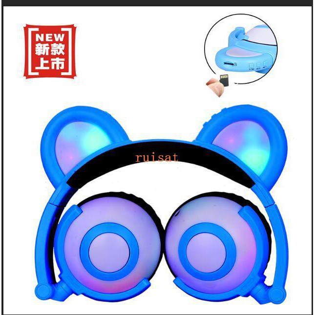 廠家直銷 TF插卡兒童貓耳朵頭戴式發光可折疊手機音樂耳機