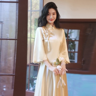 伴娘服 新款 中式 旗袍 小禮服 裙 女 婚禮 姐妹 長袖 仙氣 高階 緞面 春秋 婚禮裝扮 仙女風 中式旗袍