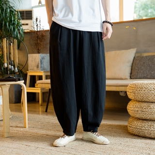 休閒褲男 M-5XL 春秋季中國風棉麻闊腿褲 素色簡約哈倫褲 燈籠褲子 舒適透氣唐裝 漢服茶服 現貨 男生衣著