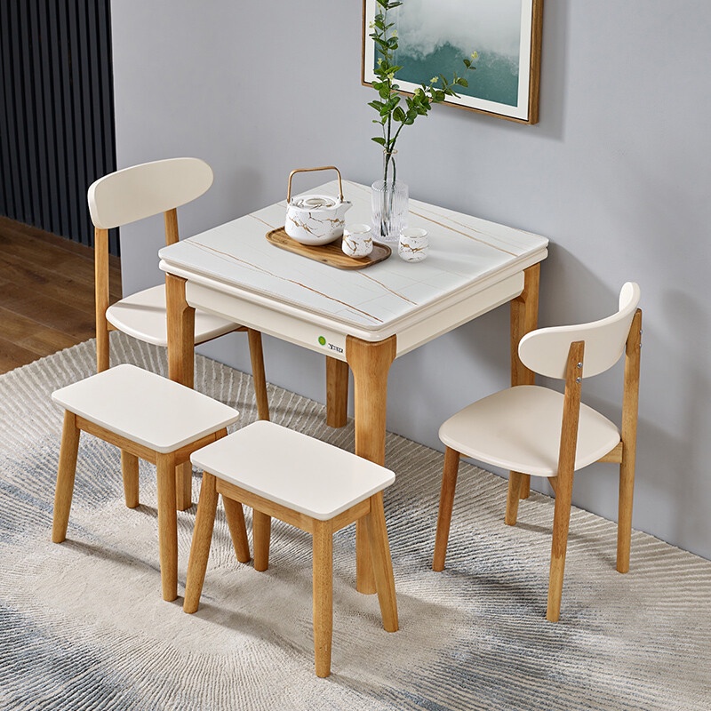 【折疊餐桌】北歐岩板正方形折疊餐桌現代簡約小戶型實木家用可伸縮餐桌椅組合多功能鋼化玻璃吃飯桌子