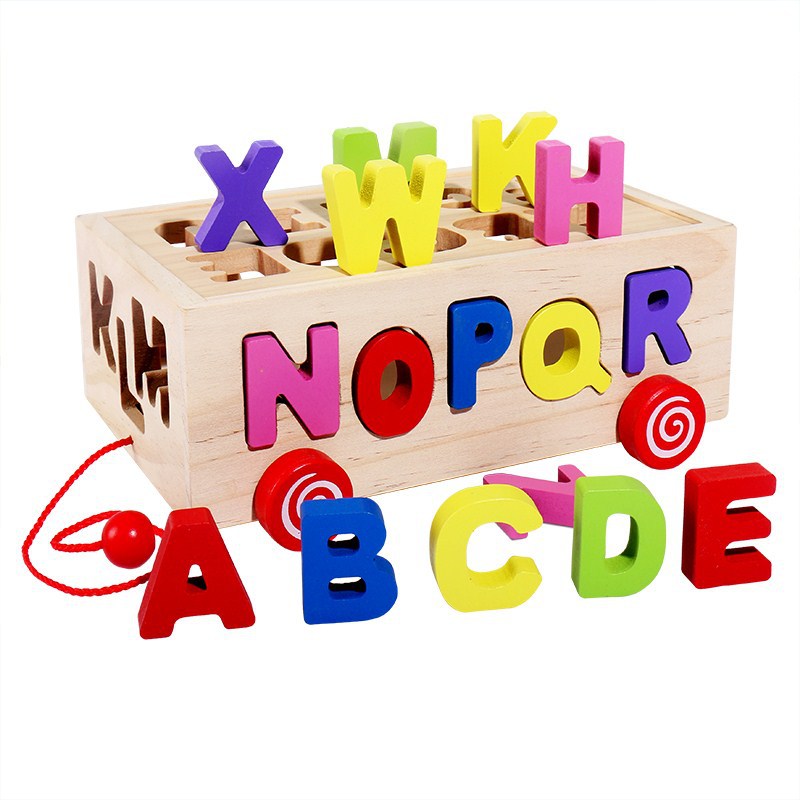 木質兒童多功能車 形狀字母數字積木 拖拉智力車早教益智認知配對玩具 拖拉十五孔智力盒 兒童0-3歲益智玩具形狀配【包郵】