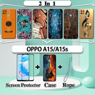 2 合 1 OPPO A15 A15s 手機殼帶鋼化玻璃曲面陶瓷螢幕保護膜音樂
