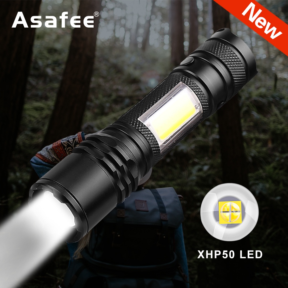 Asafee 1200 流明 XHP50+COB LED 內置 1800 mAh 手電筒 4 模式可伸縮變焦便攜式手電筒
