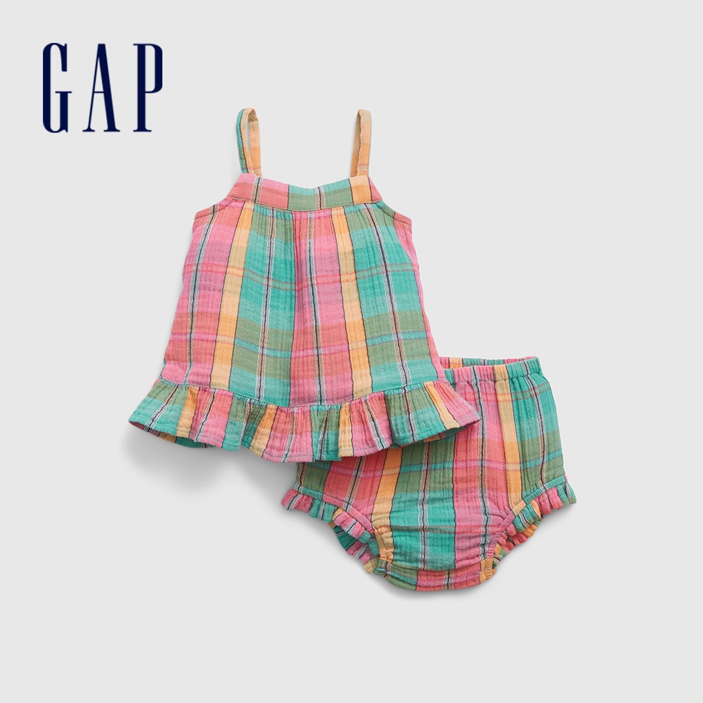 Gap 嬰兒裝 荷葉邊格紋吊帶家居套裝-多色格紋(874035)