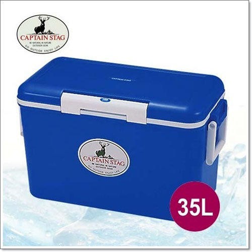 【日本鹿牌 CAPTAIN STAG】日本製 保冷冰箱 35L 冰桶 保冰保溫 行動冰箱 可當露營椅/藍_M-8159