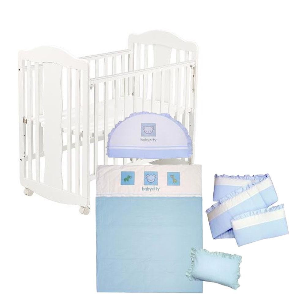 娃娃城 Baby City 幸福天使搖擺嬰兒床-小床(白色)+ 動物熊七件寢具組-M(藍)[免運費]