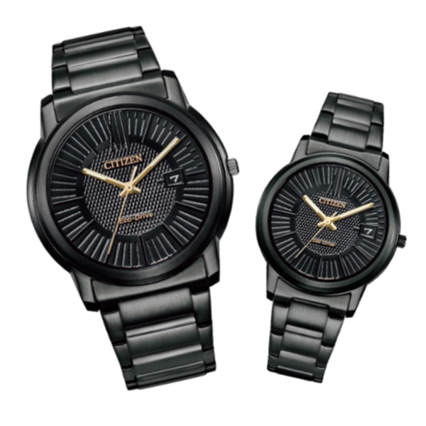 CITIZEN星辰(AW1217-83E+FE6017-85E)Pair對錶時尚格紋光動能腕錶/黑面/42+33.3mm