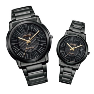 CITIZEN星辰(AW1217-83E+FE6017-85E)Pair對錶時尚格紋光動能腕錶/黑麵/42+33.3mm
