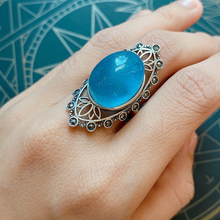 AIMEE♥高檔海藍寶大蛋面尼泊爾風純銀戒指
