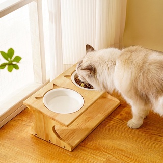 【24H發貨】寵物碗架 寵物餐桌 實木斜面貓餐桌 陶瓷 不鏽鋼 雙碗 寵物碗 狗碗 貓碗 竹木碗架 護頸