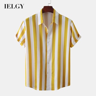 IELGY 男士簡約短袖度假風黃色條紋襯衫
