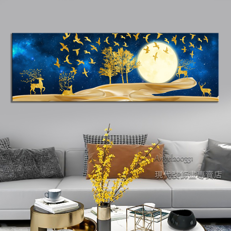 Angel 新中式裝飾畫千鳥圖金色麋鹿發財樹風水畫輕奢居家裝飾客廳掛畫床頭畫壁貼壁畫無框畫 蝦皮購物