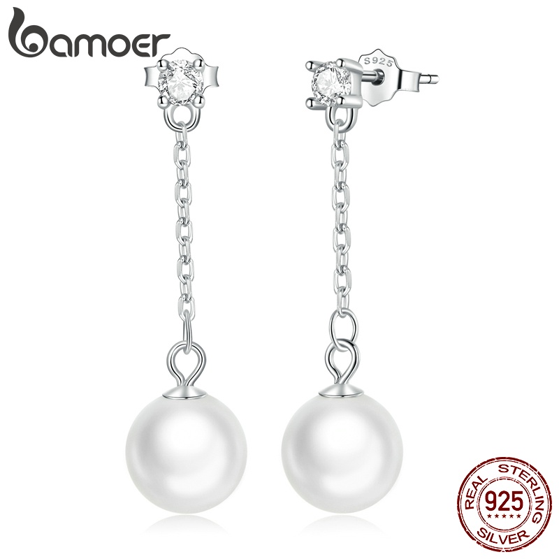 Bamoer 1 對簡單貝殼珠耳環 925 銀女士時尚首飾禮物