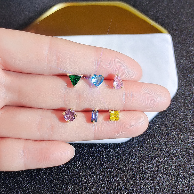 [Jiudoulan]韓國女版套裝耳環，彩色三件式寶石小耳環