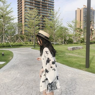 黑白現貨秒出💖【JinG】仙氣爆表♡復古小清新花朵刺繡開襟七分袖雪紡罩衫 防曬薄外套 海邊度假穿搭
