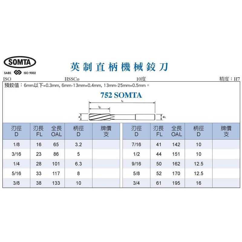 SOMTA 英制 直柄機械鉸刀 直柄機械絞刀 752 SOMTA 價格請來電或留言洽訊