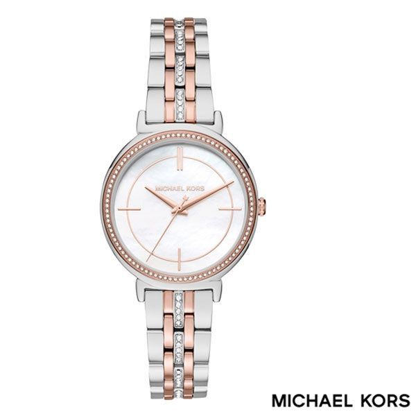 MICHAEL KORS 水鑽圈貝殼面雙色玫瑰金女錶 33mm MK3831 公司貨保固2年