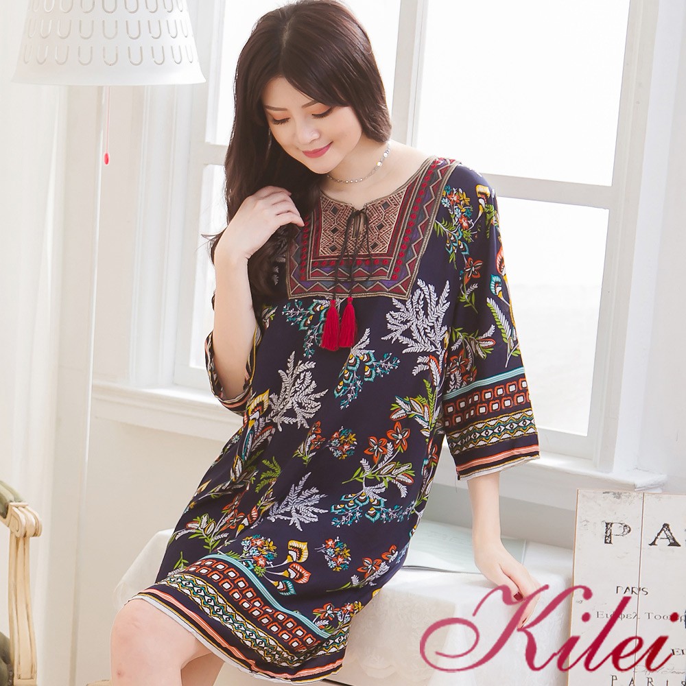 【Kilei】女裝 異國風洋裝 連身裙 波西米亞 民族感圖騰印花短版流蘇綁結洋裝XA3734-01(沉靜深藍色)全尺碼