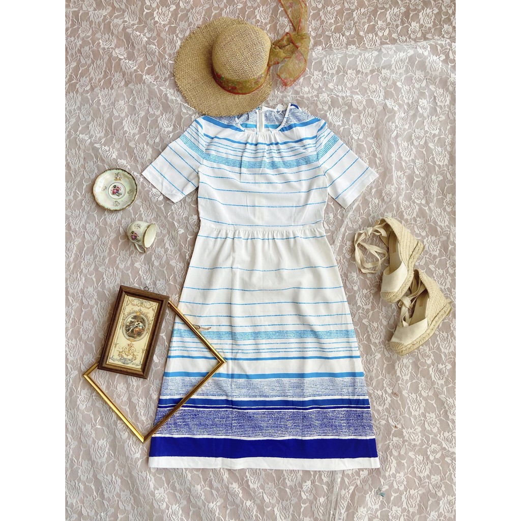 網路限時特價 Vintage春夏藍色橫紋古著洋裝 短袖洋裝 連身裙 古著女子 Dress Tabi Vintage 旅著 蝦皮購物