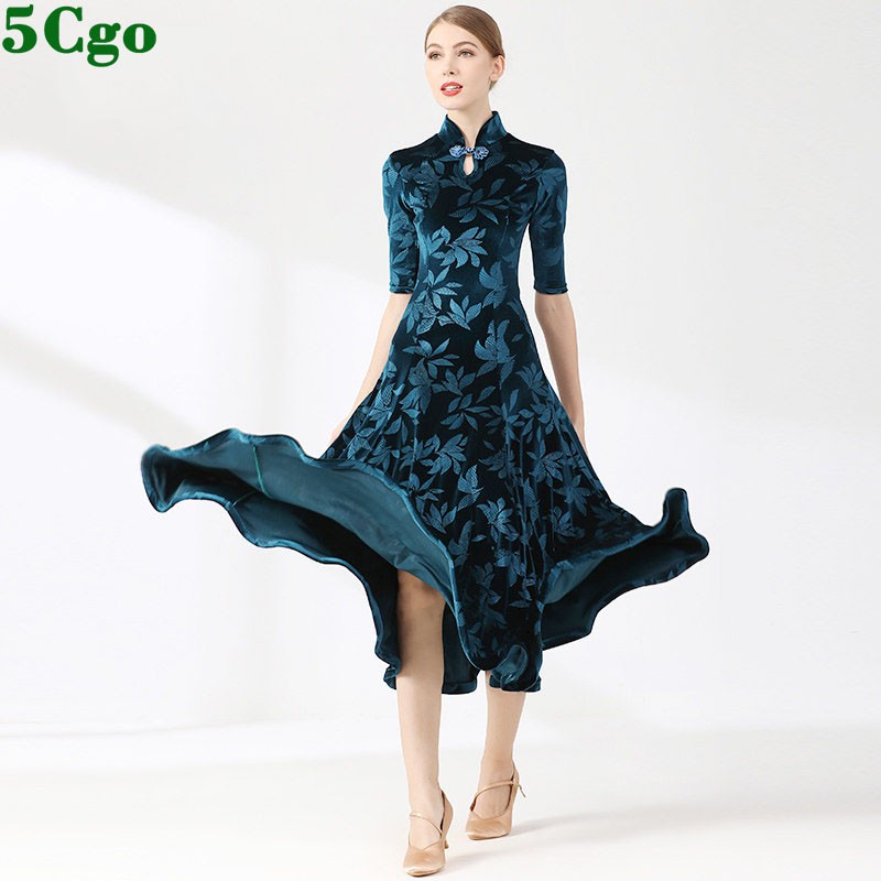 5Cgo 含稅摩登舞復古旗袍領摩登舞裙2104國標舞服裝連衣裙練功服設計師舞者首選t641788354454