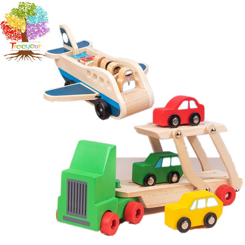 🌸🌸台灣現貨免運喔🌸🌸【樹年】木製雙層運載車模型 載客仿真飛機模型 木制汽車 兒童木頭玩具車 送小男孩禮物