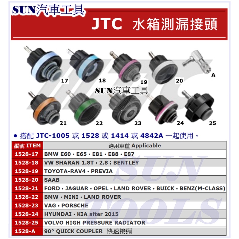 SUN汽車工具 JTC 1528 17 18 19 20 21 22 23 24 25 A 水箱測漏接頭